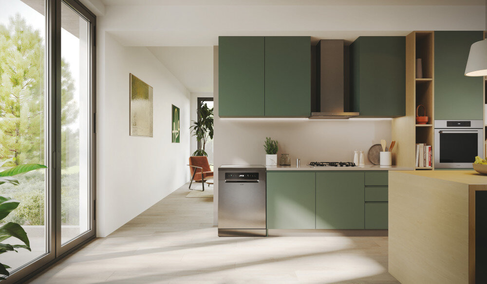 ZMYWARKA CANDY RAPIDO CNF 4A4S3PSX zdjęcie lifestyle kuchnia wizualizacja kuchnia zielone meble szafki zabudowa piekarnik Czyste i suche w 35 minut Wash&Dry MAXI Tub rozmiar wnętrze pojemność 16 kompletów naczyń AquaStop system Bezpieczeństwa ochrona System PowerWash Zdalne sterowanie z hOn silnik inwerterowy cicha praca Speed-Drive Inverter Trzecia szuflada na sztućce program Intensywny 10 programów automatycznych Wash&Dry 35' Uniwersalny Auto Plus Automatyczne otwieranie drzwi