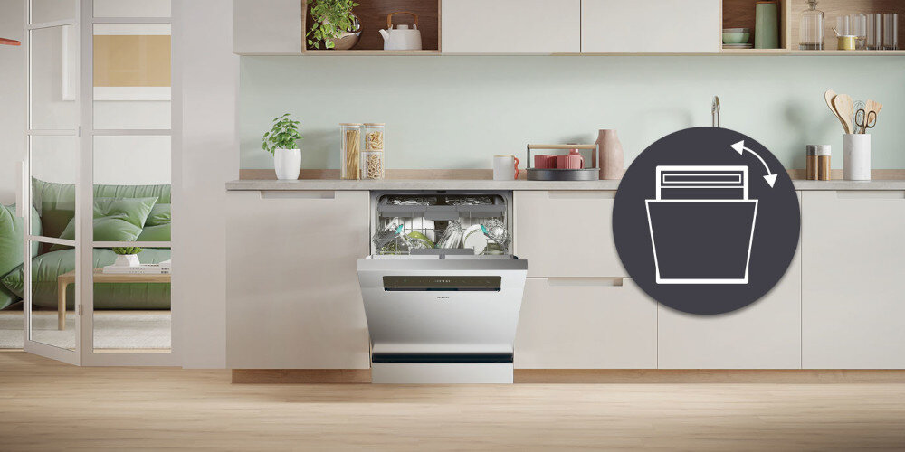 ZMYWARKA CANDY RAPIDO CNF 4A4S3PSX zdjęcie lifestyle kuchnia wizualizacja otwarta front ikona grafika kuchnia uchylone drzwiczki roślina donica Automatyczne otwieranie drzwi nauralne suszenie bez uszkodzenia mebli
