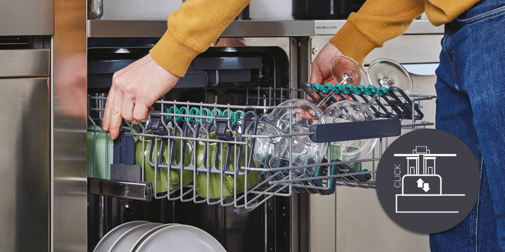 ZMYWARKA CANDY RAPIDO CNF 4A4S3PSX zdjęcie lifestyle kuchnia wizualizacja ikona grafika dłoń naczynia szklanki szkło szuflada Easy Click Regulacja górnego kosza szybko wygodnie regulacja wysokości Intuicyjne przyciski