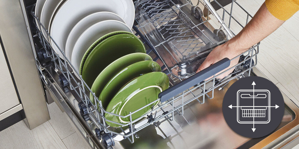 ZMYWARKA CANDY RAPIDO CNF 4A4S3PSX zdjęcie lifestyle kuchnia wizualizacja naczynia talerze ikona grafika Składane elementy dopasowanie wnętrza więcej miejsca
