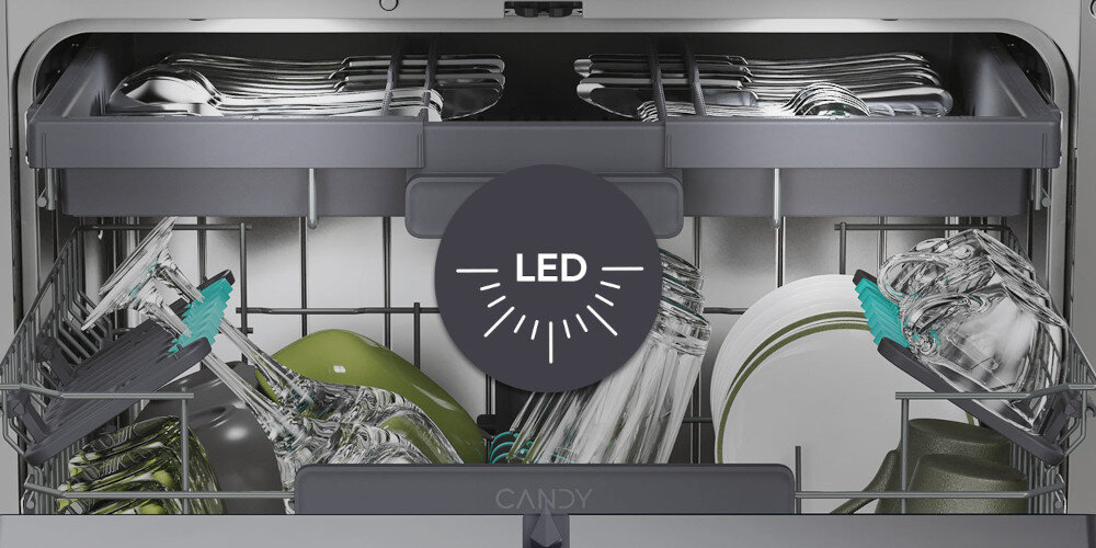 ZMYWARKA CANDY RAPIDO CNF 4A4S3PSX zdjęcie lifestyle kuchnia wizualizacja ikona grafika kieliszki szkło Oświetlenie wnętrza widoczność światło wysoki komfort użytkowania