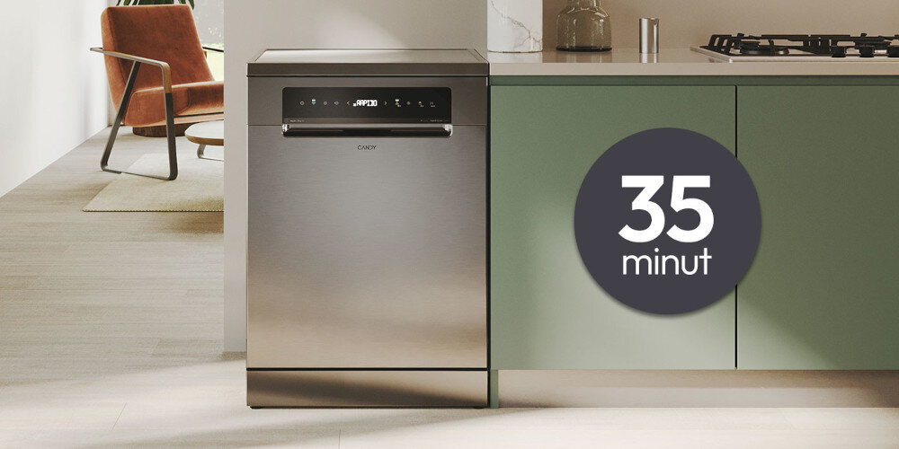 ZMYWARKA CANDY RAPIDO CNF 4A4S3PSX zdjęcie lifestyle kuchnia wizualizacja ikona grafika czas kuchnia zmywarka zamknięta front panel Program Wash&Dry 35 minut krótszy czas szybsze mycie suszenie mniej czasochłonne