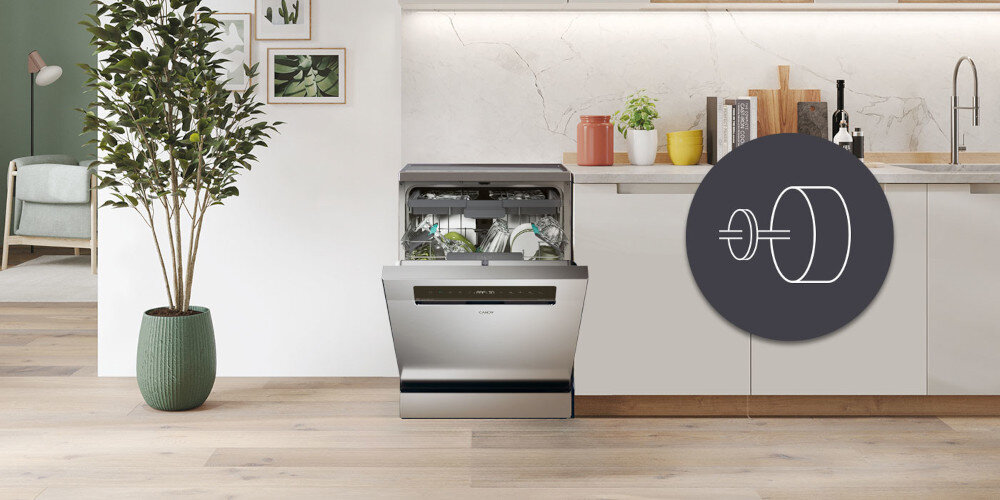 ZMYWARKA CANDY RAPIDO CNF 4A4S3PSX zdjęcie lifestyle kuchnia wizualizacja ikona grafika kuchnia zabudowa zmywarka zamknięta front silnik inwerterowy cicha stabilna praca mniej wibracji długa żywotność oszczędności lepsze efekty