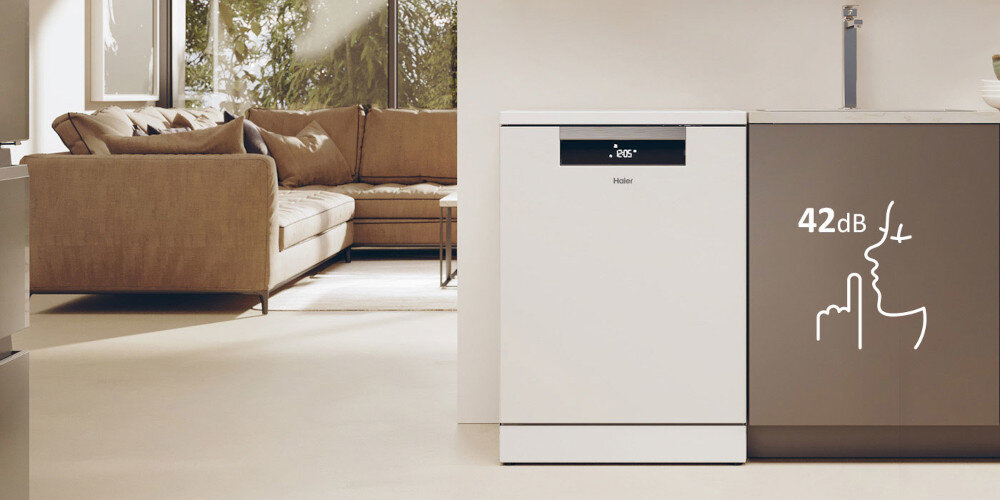 ZMYWARKA HAIER I-PRO SHINE 5 XF 6B2M3PW AI SMART zdjęcie lifestyle ikona grafika front zamknięta godzina panel Cicha praca około 42 db bezgłośna praca bez zakłócania spokoju