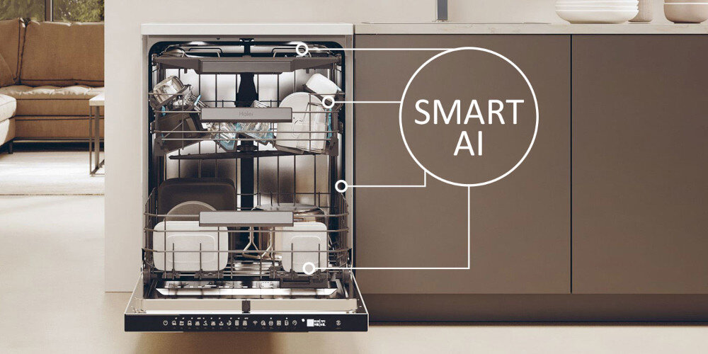 ZMYWARKA HAIER I-PRO SHINE 5 XF 6B2M3PW AI SMART zdjęcie lifestyle ikona grafika panel otwarta zabudowa naczynia wnętrze kosze pełne Automatyczny dobór parametrów wbudowane czujniki analiza poziomu wody oszczędności