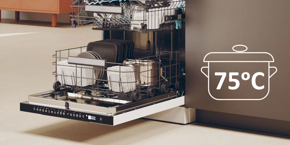 ZMYWARKA HAIER I-PRO SHINE 5 XF 6B2M3PW AI SMART zdjęcie lifestyle ikona grafika otwarta kosz naczynia Program Intensywny 75°C wysoka temperatura akcesoria dziecięce butelki