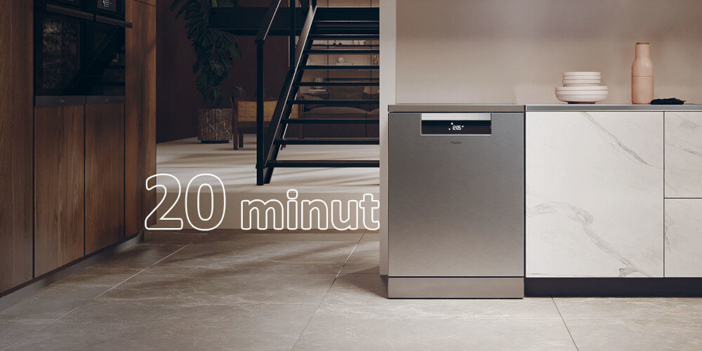 ZMYWARKA HAIER I-PRO SHINE XF 4A4M4PX AI SMART zdjęcie lifestyle  zdjęcie lifestyle otwarta naczynia załadunek szklanki talerze tekst 59 minut czyste suche 20 minut szybkie mycie skrócony czas