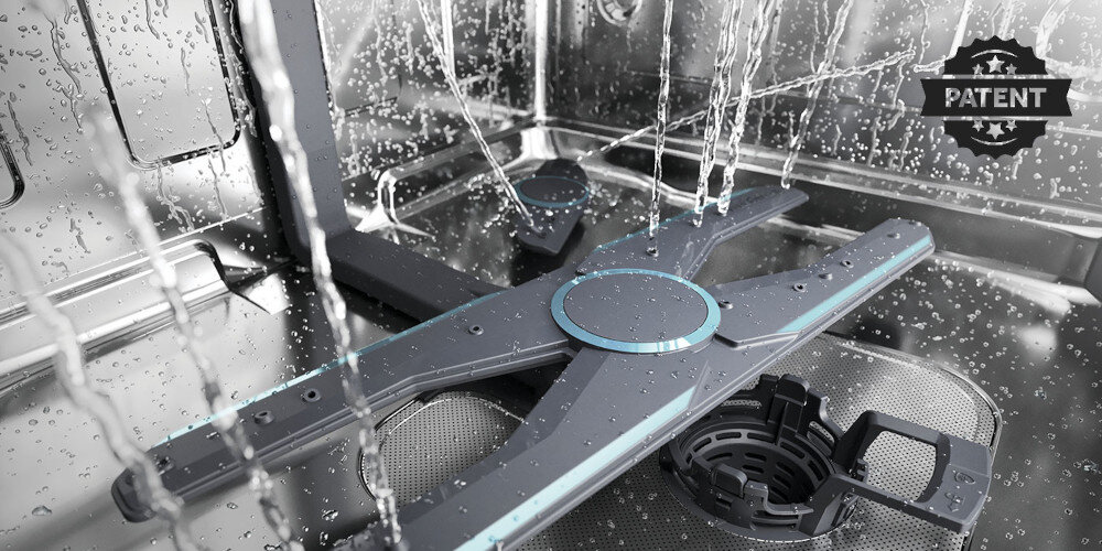 ZMYWARKA HAIER I-PRO SHINE XF 4A4M4PX AI SMART zdjęcie lifestyle dno śmigło natrysk woda strumienie Większa moc i zasięg wody usuwanie zabrudzeń podwójny ruch ramienia większy zasięg H-Spray Arm 