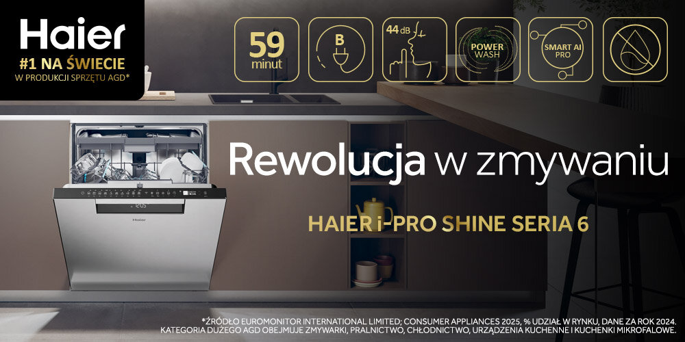ZMYWARKA HAIER WASHLENS PLUS 2 XU 6B4M3PSX AI SMART zdjęcie lifestyle kuchnia meble zabudowa zamknięta front panel Czyste i suche w 59' Większa moc i zasięg wody Opóźnienie startu do 24 h Regulacja górnego kosza Easy Click Automatyczne otwieranie drzwi po zakończeniu cyklu Cicha praca dba o spokój domowników 42 dB System Total Water Block aplikacja hOn Program Intensywny