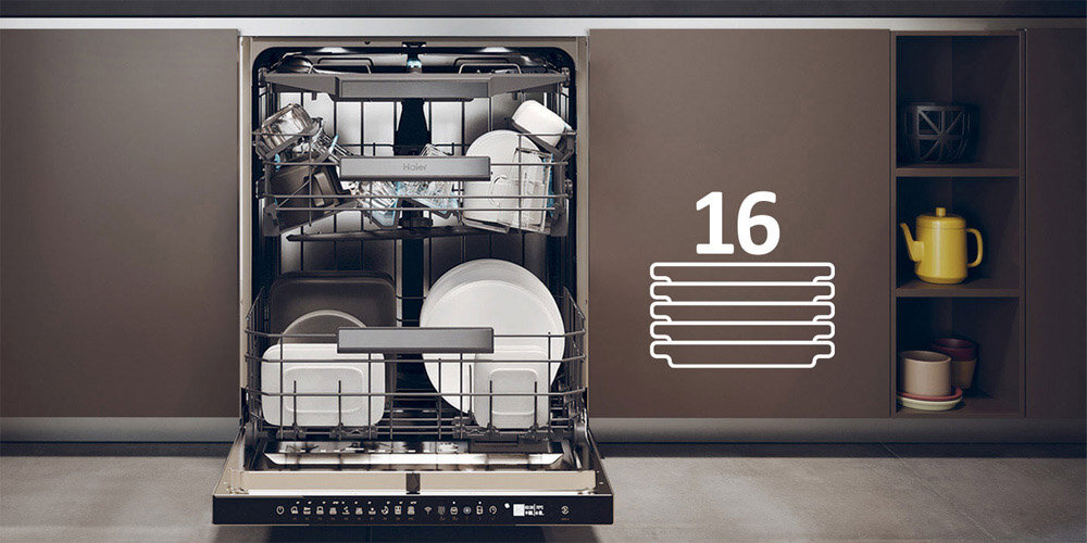 ZMYWARKA HAIER WASHLENS PLUS 2 XU 6B4M3PSX AI SMART zdjęcie lifestyle front zabudowa meble kuchnia otwarta naczynia załadunek pojemność wnętrze naczynia 16 kompletów naczyń