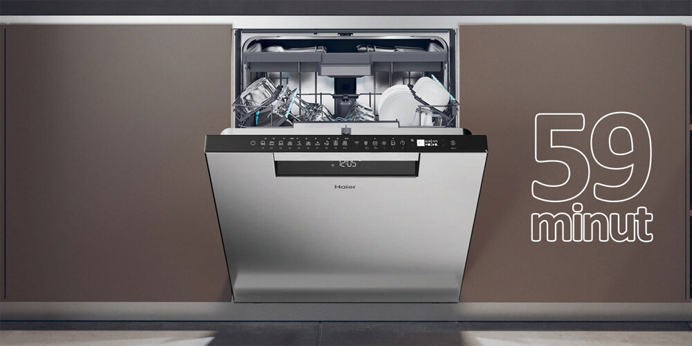 ZMYWARKA HAIER WASHLENS PLUS 2 XU 6B4M3PSX AI SMART zdjęcie lifestyle otwarta naczynia załadunek szklanki talerze infografika tekst 59 minut czyste suche program godzina 59 minut szybkie mycie skrócony czas