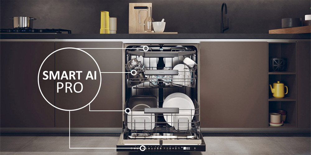 ZMYWARKA HAIER WASHLENS PLUS 2 XU 6B4M3PSX AI SMART zdjęcie lifestyle ikona infografika panel otwarta zabudowa naczynia wnętrze kosze pełne Automatyczny dobór parametrów wbudowane czujniki analiza poziomu wody oszczędności