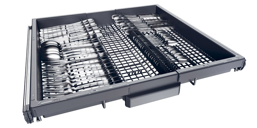 ZMYWARKA HAIER WASHLENS PLUS 2 XU 6B4M3PSX AI SMART zdjęcie lifestyle białe tło szuflada sztućce łyżki widelce noże Trzecia szuflada dodatkowe miejsce sztućce praktyczne wykorzystanie