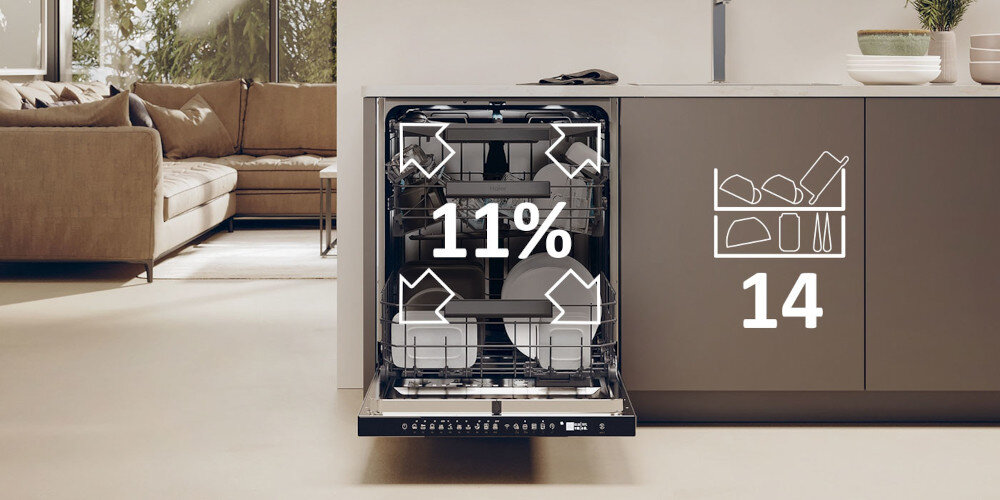 ZMYWARKA HAIER I-PRO SHINE 6 XU 4A4M4PSX AI SMART zdjęcie lifestyle otwarta front naczynia załadunek strzałki pojemność Maxi Tub pojemność wymiary ładowność 14 kompletów naczyń