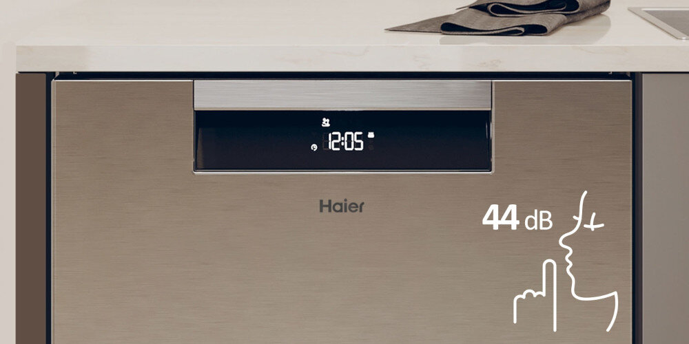 ZMYWARKA HAIER I-PRO SHINE 6 XU 4A4M4PSX AI SMART zdjęcie lifestyle ikona grafika front zamknięta godzina panel Cicha praca około 44 db bezgłośna praca bez zakłócania spokoju