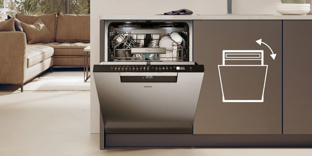 ZMYWARKA HAIER I-PRO SHINE 6 XU 4A4M4PSX AI SMART zdjęcie lifestyle zdjęcie lifestyle ikona grafika uchylone drzwi salon sofa kuchnia meble Automatyczne otwieranie drzwi 