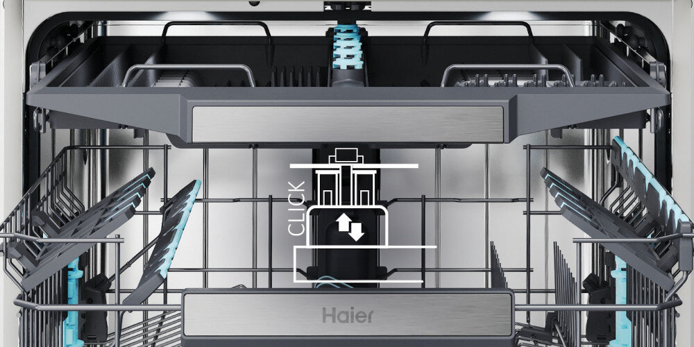 ZMYWARKA HAIER I-PRO SHINE 6 XU 4A4M4PSX AI SMART zdjęcie lifestyle kosz pusty zmywarka wnętrze ikona grafika uchwyty Regulacja górnego kosza
