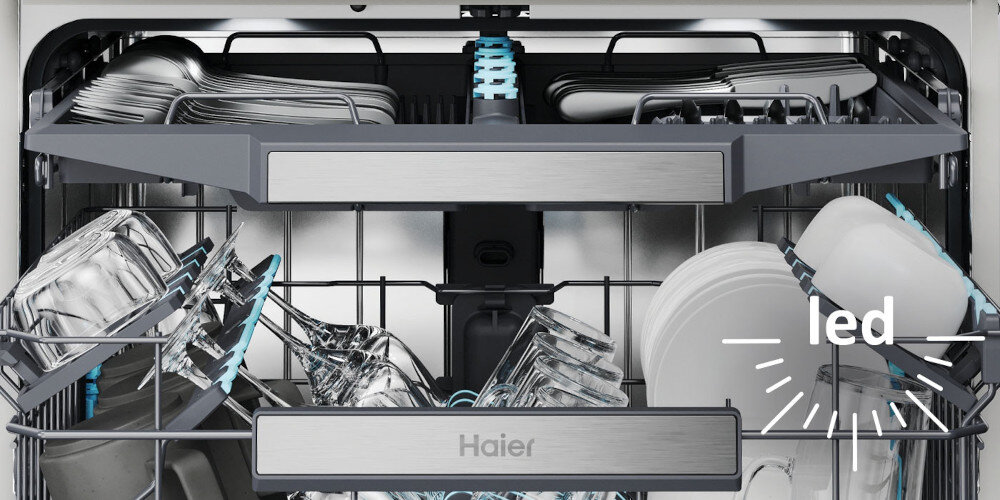 ZMYWARKA HAIER I-PRO SHINE 6 XU 4A4M4PSX AI SMART zdjęcie lifestyle wnętrze środek naczynia ikona grafika LED kosze kieliszki miseczki Oświetlenie wnętrza zmywarki pełna widoczność łatwy załadunek rozładunek oszczędność energii