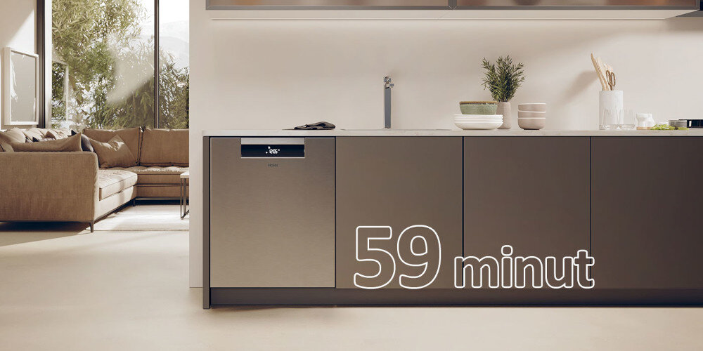 ZMYWARKA HAIER I-PRO SHINE 6 XU 4A4M4PSX AI SMART zdjęcie lifestyle zamknięta front panel kuchnia zabudowa tekst 59 minut czyste suche program godzina 59 minut szybkie mycie skrócony czas
