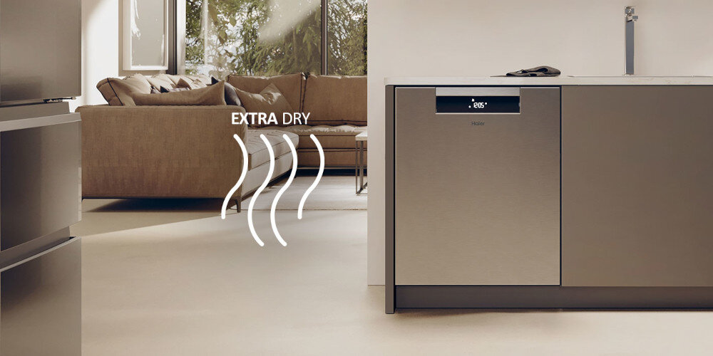 ZMYWARKA HAIER I-PRO SHINE 6 XU 4A4M4PSX AI SMART zdjęcie lifestyle salon sofa front zamknięta panel kuchnia zabudowa meble ikona grafika powietrze fale Świetne rezultaty suszenia większa temperatura lepsze efekty suszenia bez smug kropli wody
