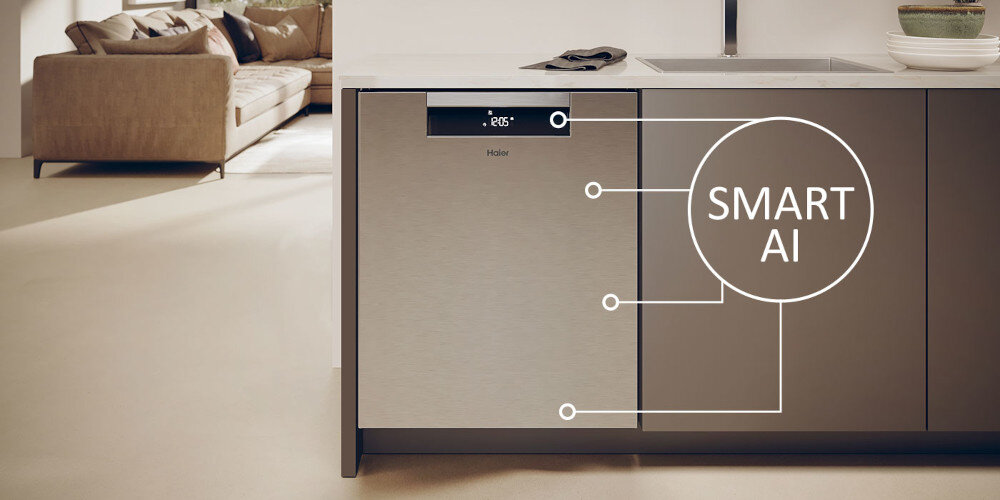 ZMYWARKA HAIER I-PRO SHINE 6 XU 4A4M4PSX AI SMART kuchnia zamknięta front panel zabudowa ikona grafika Smart AI punkty zdjęcie lifestyle Automatyczny dobór parametrów wbudowane czujniki analiza poziomu wody oszczędności