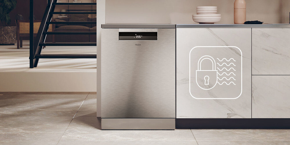 ZMYWARKA HAIER I-PRO SHINE 6 XU 4A4M4PSX AI SMART zdjęcie lifestyle front ikona grafika kłódka zamknięta kuchnia zabudowa System Total Water Block Total Water Block blokada ochrona przed zalaniem niezawodność bezpieczeństwo użytkowanie AquaStop