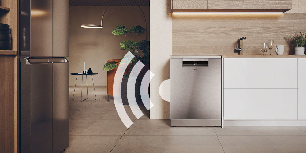 ZMYWARKA HAIER I-PRO SHINE 6 XU 4A4M4PSX AI SMART zdjęcie lifestyle grafika łączność front zamknięta panel kuchnia Zdalne sterowanie Wi-Fi hOn zmywarką kontrola z dowolnego miejsca Monitoruj sprawdzaj czas