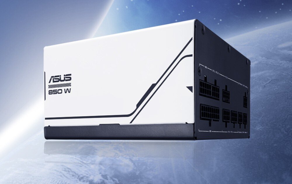 Zasilacz ASUS Prime 850W Biało-czarny zasilacz komputerowy z widocznym logo producenta i napisem '850 W', przedstawiony na tle kosmosu, z prawej strony widoczne gniazda modularne, opis