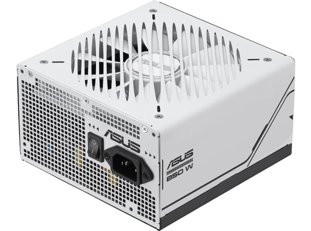 Zasilacz ASUS Prime 850W Biały zasilacz komputerowy z kratką wentylacyjną i dużym wentylatorem na górze, z tyłu widoczne gniazdo zasilania i wyłącznik, przeznaczenie, moc, modularne okablowanie