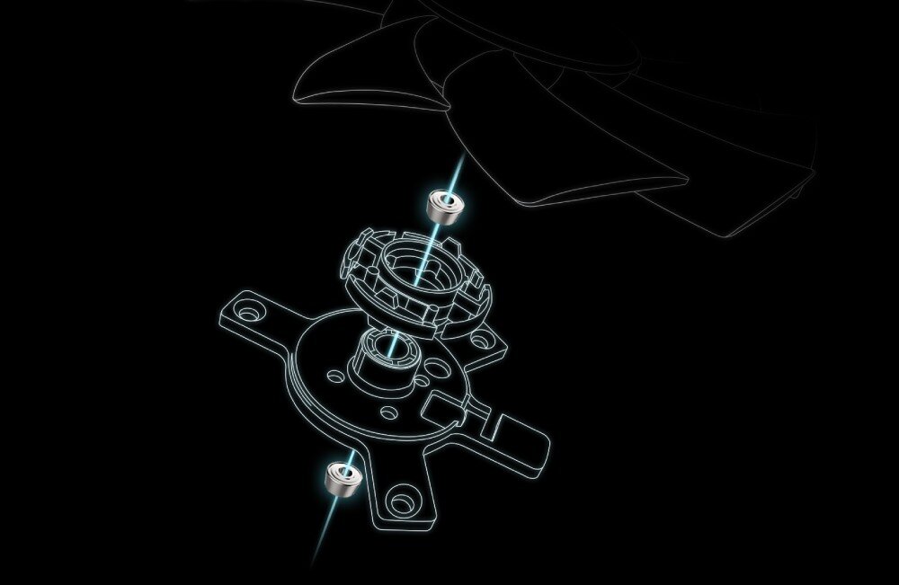 Zasilacz ASUS Prime 850W Grafika techniczna przedstawiająca schemat budowy wentylatora z zaznaczonymi elementami łożysk kulkowych, wentylator, żywotność