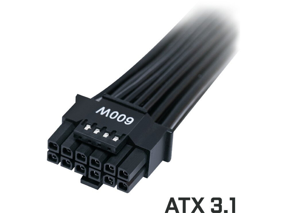 Zasilacz ASUS Prime 850W Zbliżenie na czarny przewód z końcówką 16-pinową oznaczoną symbolem 'M009' i napisem 'ATX 3.1', standard ATX 3.1, kompatybilność