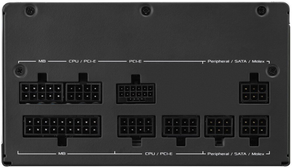 Zasilacz ASUS Prime 850W Widok tylnej części zasilacza z oznaczonymi gniazdami dla płyty głównej, procesora, kart graficznych i urządzeń peryferyjnych, zabezpieczenia, współczynnik MTBF