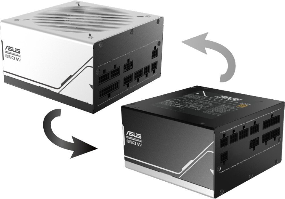 Zasilacz ASUS Prime 850W Dwa zasilacze w kolorach białym i czarnym ukazane obok siebie, z zaznaczoną możliwością obrócenia urządzenia w celu dopasowania wyglądu, wygląd, obudowa, kolory