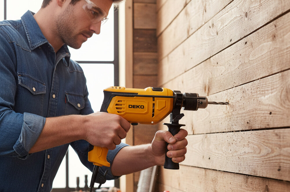 Wiertarka udarowa DEKO DKID13Y65 drewniana ściana osoba wierci otwór w ścianie budowa wszechstronne wiercenie regulowana prędkość wygoda