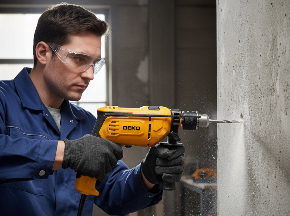 Wiertarka udarowa DEKO DKID13Y65 betonowa ściana osoba wierci otwór w ścianie częstotliwość udaru do 45000 uderzeń na minutę sprawne wiercenie w twardszych materiałach wiercenie w betonie z maksymalną średnicą do 13 mm udar działa precyzyjnie efektywność