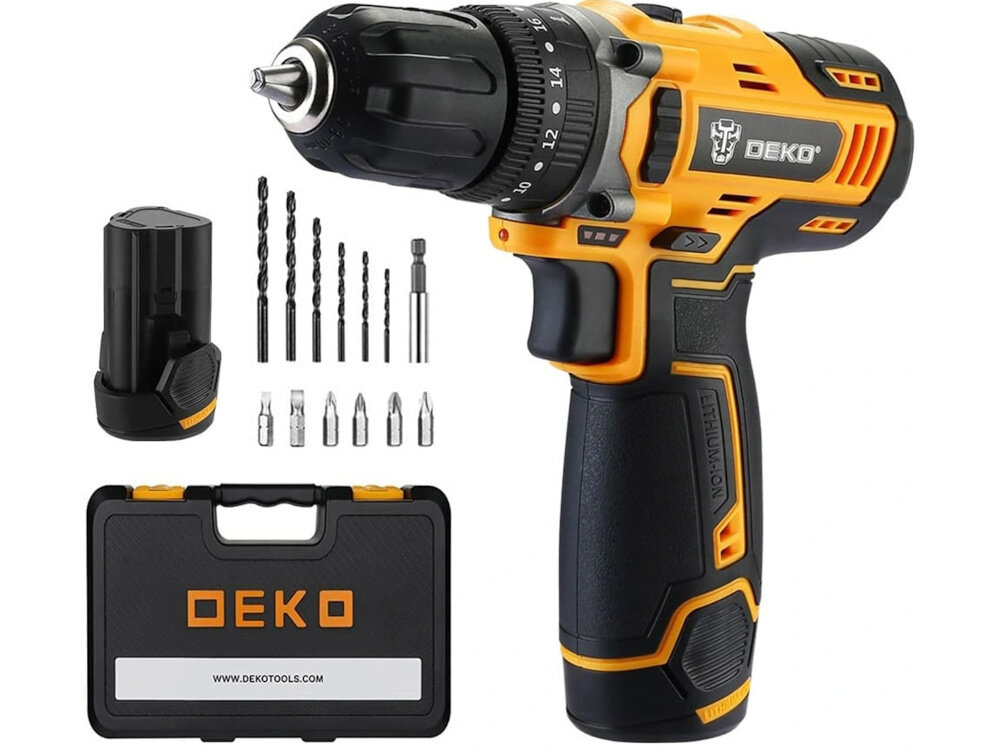 Wiertarko-wkrętarka DEKO DKCD12ID01-5S3 zestaw na białym tle w zestawie wiertarko-wkrętarka dwa akumulatory ładowarka magnetyczny uchwyt bitów 6 bitów 6 wierteł do metalu walizka transportowa dokumentacja