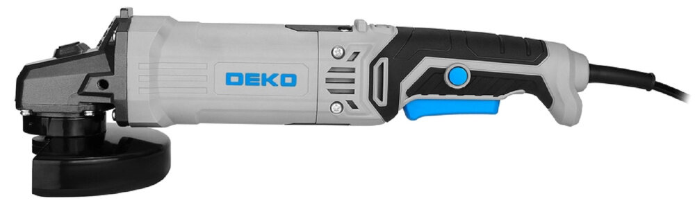 Szlifierka kątowa DEKO DKAG125XP110S szlifierka na białym tle widoczna z boku do prac związanych z obróbką metalu do użytku w warsztacie w pracy budowlańca ślusarza mechanika uniwersalne zastosowanie