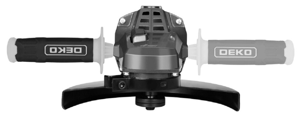 Szlifierka kątowa DEKO DKAG125XP110S szlifierka z uchwytem bocznym na białym tle widoczna od przodu pokazane możliwości motażu uchwytu bocznego uchwyt boczny z możliwością montażu po lewej lub prawej stronie dla osób  prawo- i leworęcznych stabilność
