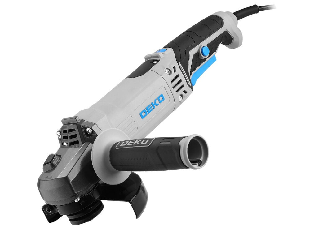 Szlifierka kątowa DEKO DKAG125XP110S szlifierka bez uchwytu bocznego na białym tle widoczna od przodu pod skosem blokada wrzeciona uruchamiana przyciskiem szybka i wygodna wymiana tarczy oszczędza czas i ułatwia przygotowanie urządzenia