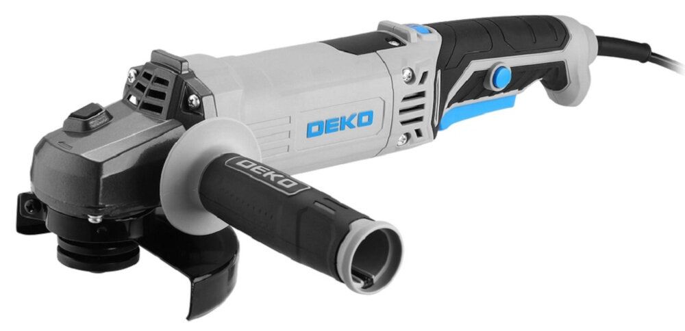 Szlifierka kątowa DEKO DKAG125XP110S szlifierka na białym tle widoczna od przodu pod skosem waga 2,2 kg odpowiedni balans pomiędzy stabilnością a wygodą obsługi z trwałych materiałów odporność na warunki robocze przewód zasilający o długości 2 metrów swobodne poruszanie się