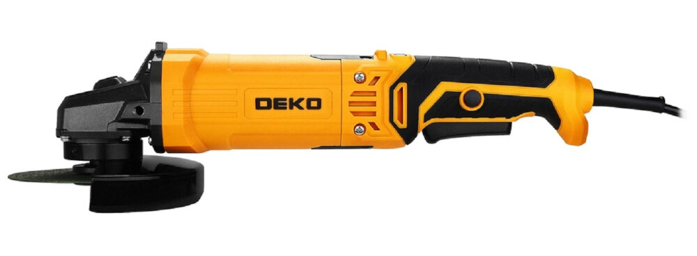 Szlifierka kątowa DEKO DKAG125XL110S szlifierka na białym tle widoczna z boku do prac związanych z obróbką metalu do użytku w warsztacie w pracy budowlańca ślusarza mechanika uniwersalne zastosowanie