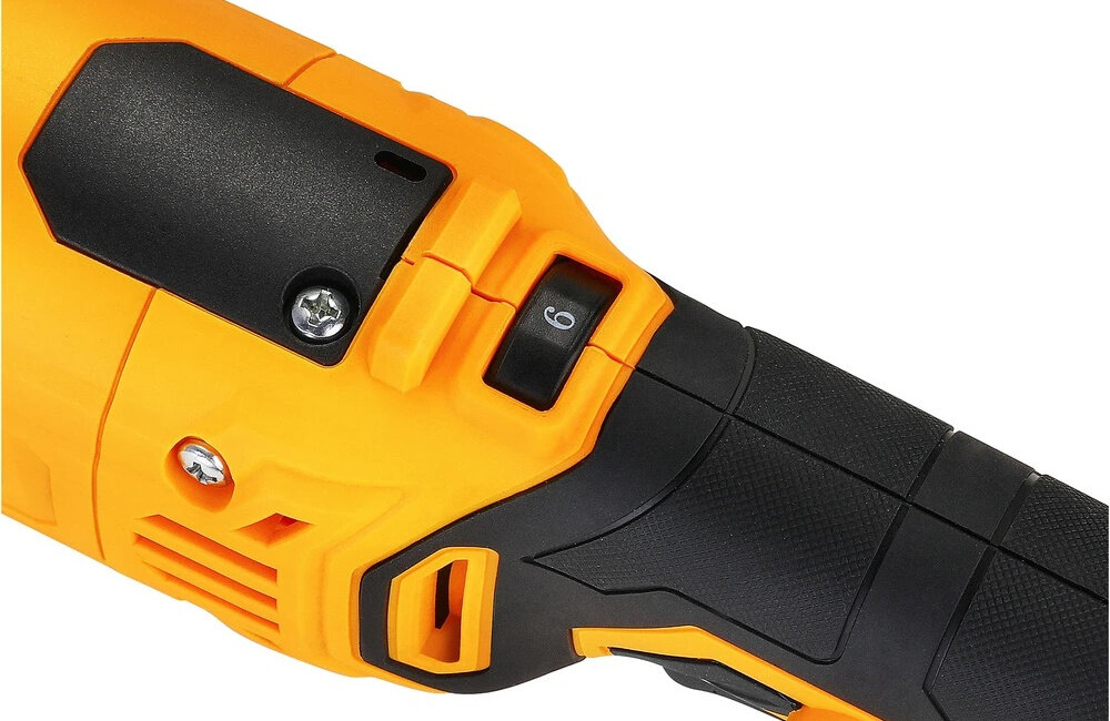 Szlifierka kątowa DEKO DKAG125XL110S zbliżenie na pokrętło do regulacji prędkości silnik szczotkowy o mocy 1100 W 6-stopniowa regulacja prędkości w zakresie od 3000 do 12000 obr./min