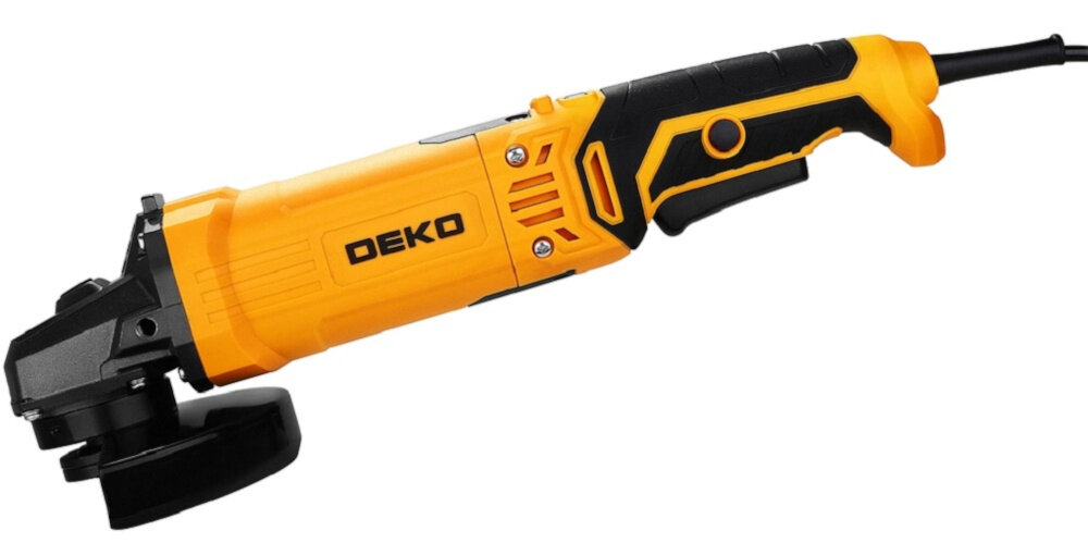 Szlifierka kątowa DEKO DKAG125XL110S szlifierka bez uchwytu bocznego na białym tle widoczna od przodu pod skosem blokada wrzeciona uruchamiana przyciskiem szybka i wygodna wymiana tarczy oszczędza czas i ułatwia przygotowanie urządzenia