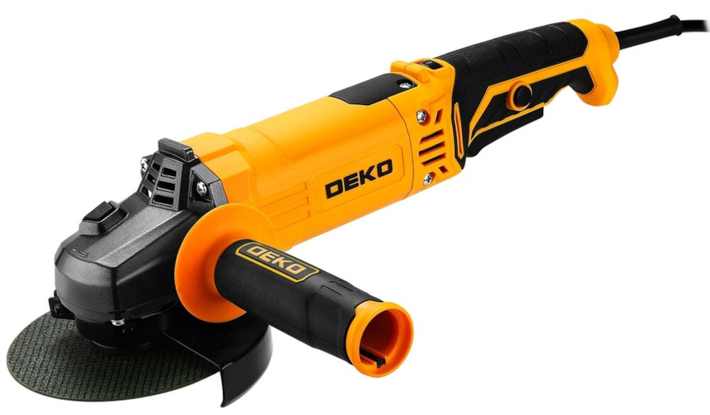 Szlifierka kątowa DEKO DKAG125XL110S szlifierka na białym tle widoczna od przodu pod skosem waga 2,1 kg odpowiedni balans pomiędzy stabilnością a wygodą obsługi z trwałych materiałów odporność na warunki robocze przewód zasilający o długości 2 metrów swobodne poruszanie się