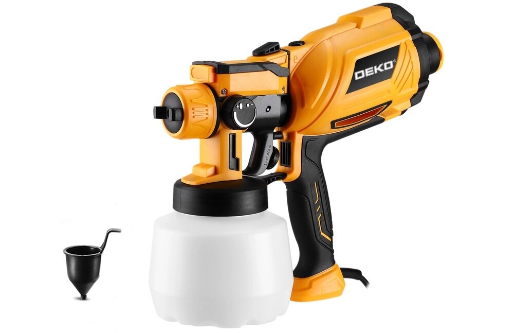 Pistolet natryskowy DEKO DKSG65K1 1200 ml pistolet z kubkiem na białym tle kubek Forda sprawdzić lepkość farby przed użyciem czas spływu farby z kubka nie powinien przekraczać 80 sekund szerokość robocza w zakresie 200–300 mm