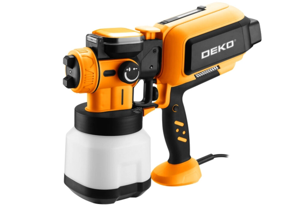 Pistolet natryskowy DEKO DKSG60K2 1200 ml pistolet na białym tle widoczny pod skosem do domowych i profesjonalnych prac malarskich nakładanie różnych typów farb wodorozcieńczalnych podkładów lakierów emalii impregnatów aplikacja natryskowa