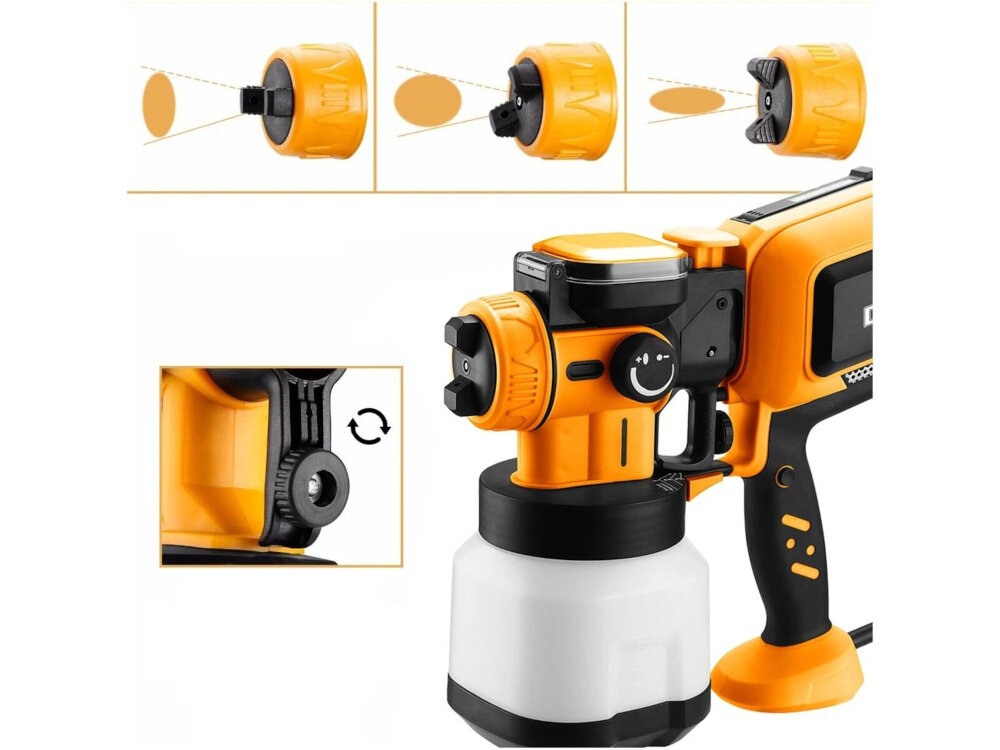Pistolet natryskowy DEKO DKSG60K2 1200 ml pistolet na białym tle na górze zdjęcia trzy małe zdjęcia pokazujące kształt strumienia obok zbliżenie na pokrętło wyboru trzy kształty strumienia okrągły poziomy pionowa elipsa malowanie w pionie i w poziomie temperatura barwowa 7200–8000 K