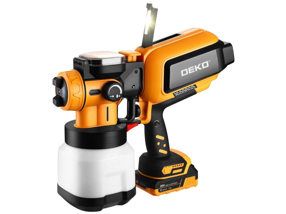Pistolet natryskowy DEKO DKSG20K4 1200 ml pistolet na białym tle widoczny pod skosem do domowych i profesjonalnych prac malarskich nakładanie różnych typów farb wodorozcieńczalnych podkładów lakierów emalii impregnatów aplikacja natryskowa