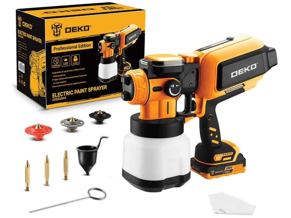 Pistolet natryskowy DEKO DKSG20K4 1200 ml zestaw na białym tle w zestawie pistolet natryskowy akumulator ładowarka 3 wymienne dysze lejek zbiornik na farbę 3 iglice klucz jednorazowa maseczka dokumentacja