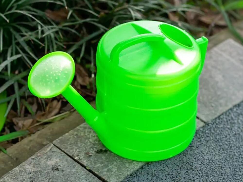 Konewka BLACK FOREST 1600 Zielony 10L, litry, ogrody, uchwyt, stabilność, Zielona konewka w blasku słońca przy roślinach.